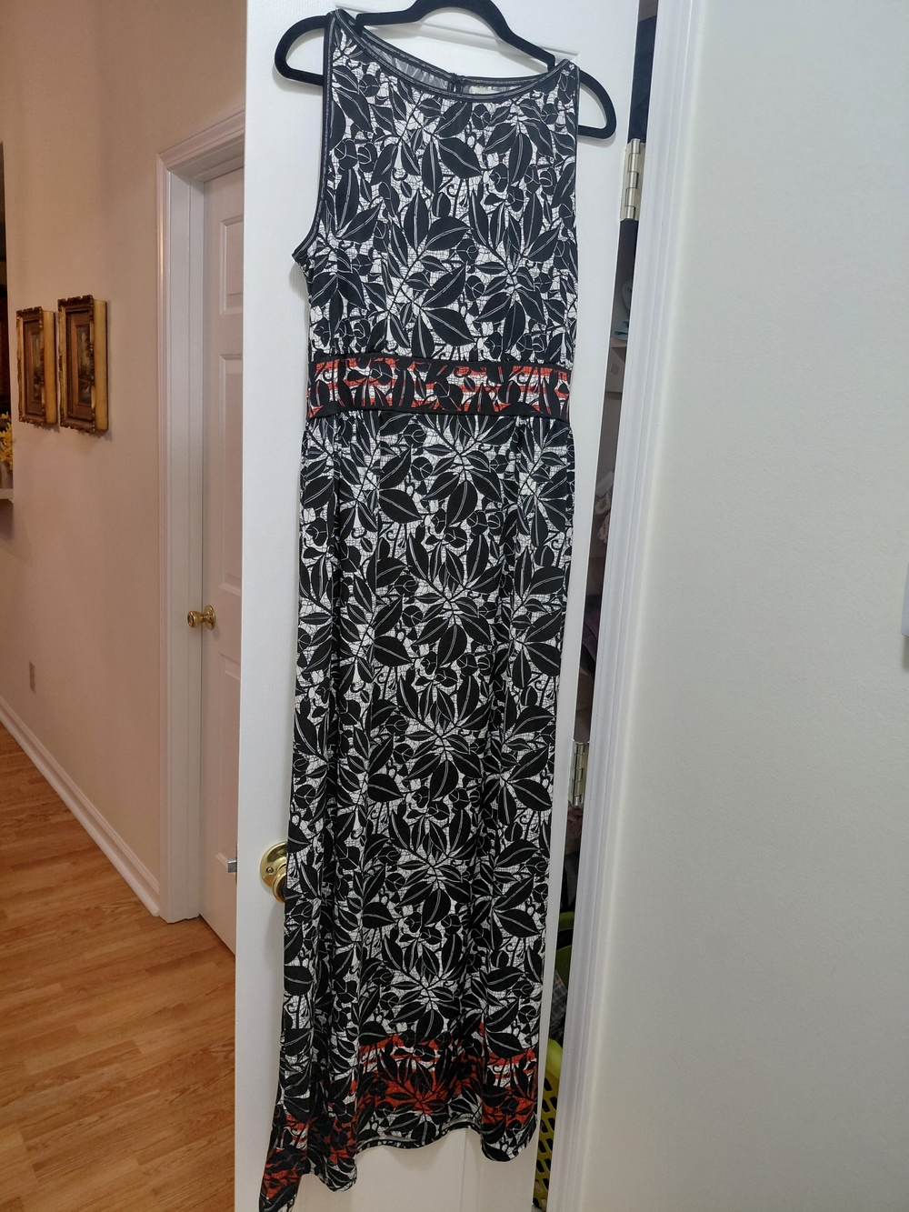 Max Studio Black & White Floral Maxi Dress with Red Trim